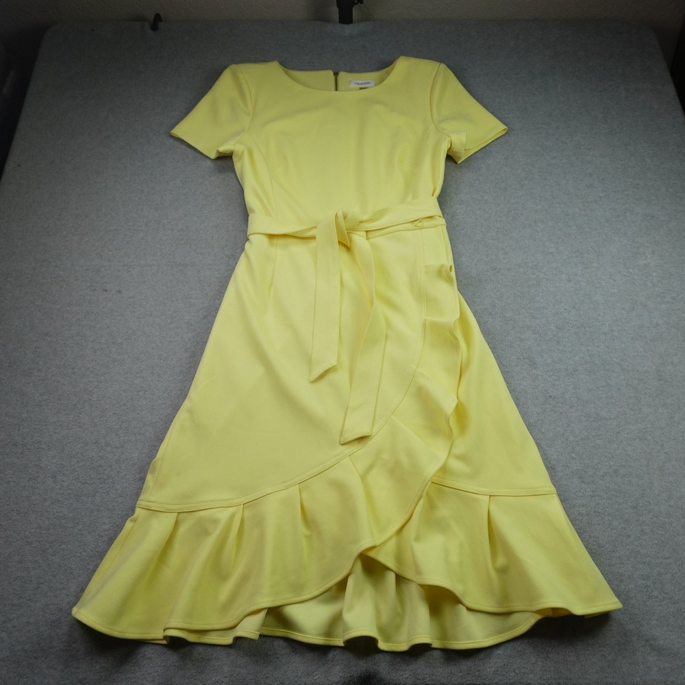 Calvin Klein Dress Womens 10 Yellow Ruffle Faux Wrap Sheath Short Sleeves
